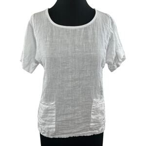 FRANCESCA BETTINI White Linen Lagenlook Scoop Neck Short Sleeve Top Pockets S